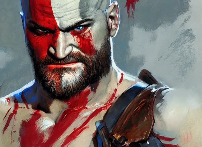 Prompt: a highly detailed beautiful portrait of tarantino as kratos, by gregory manchess, james gurney, james jean