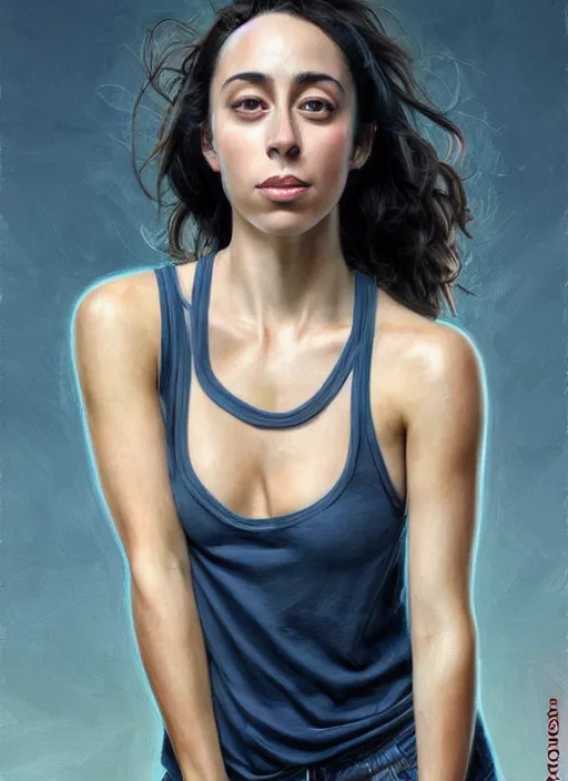 Image similar to full length photo of Oona Chaplin in a tanktop in the style of stefan kostic, realistic, sharp focus, 8k high definition, insanely detailed, intricate, elegant, art by stanley lau and artgerm