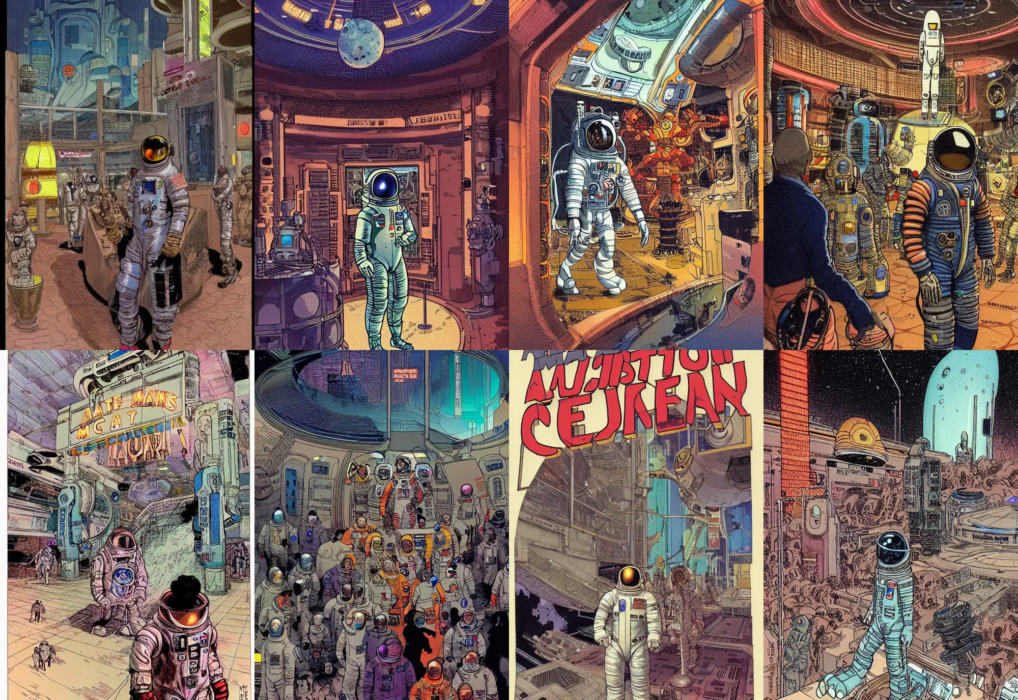 Prompt: an astronaut standing in the entrance to a bustling cyberpunk casino on mars, filled with people, robots, cyborgs, aliens, by michael mw kaluta, color