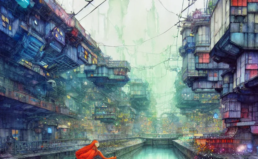 Image similar to an urban train rides inside of a waterway on a fantasy city. intricate, amazing composition, colorful watercolor, by ruan jia, by maxfield parrish, by marc simonetti, by hikari shimoda, by robert hubert, by zhang kechun, illustration, gloomy