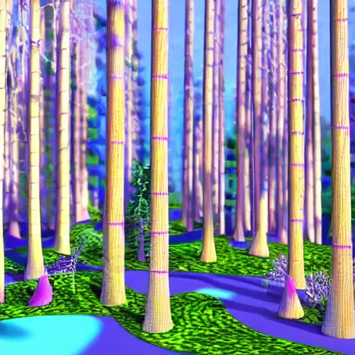 Image similar to forest of many 3 d cartoon trees, all unique, colourful