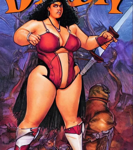 Prompt: 1 9 8 0 s fantasy novel book cover, bbw plus size amazonian zendaya in extremely tight bikini armor wielding a cartoonishly large sword, exaggerated body features, dark and smoky background, low quality print