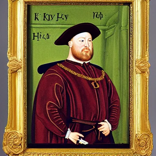 Image similar to king henry viii building a pc computer electronics screen keyboard case, wearing a crown and royal robes, 17th century detailed oil painting with a gilded frame