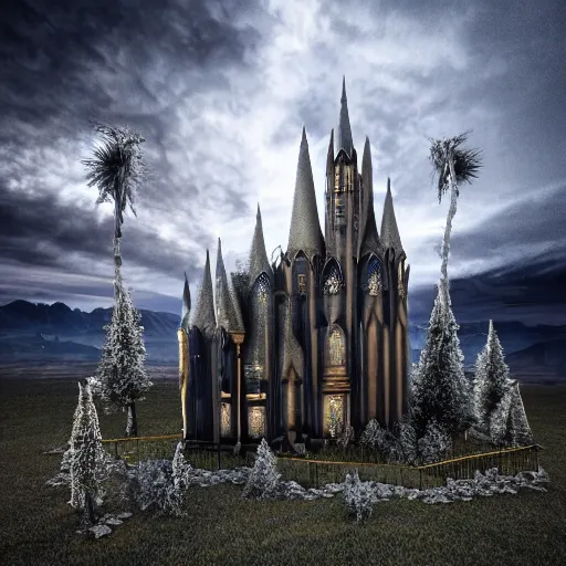 Image similar to dark gothic palace, gothic palace made, GOTHIC PALACE! of rock with tall spires, bristlecone pine trees, ultrawide cinematic 3d render, dark dramatic skies, atmospheric, vultures