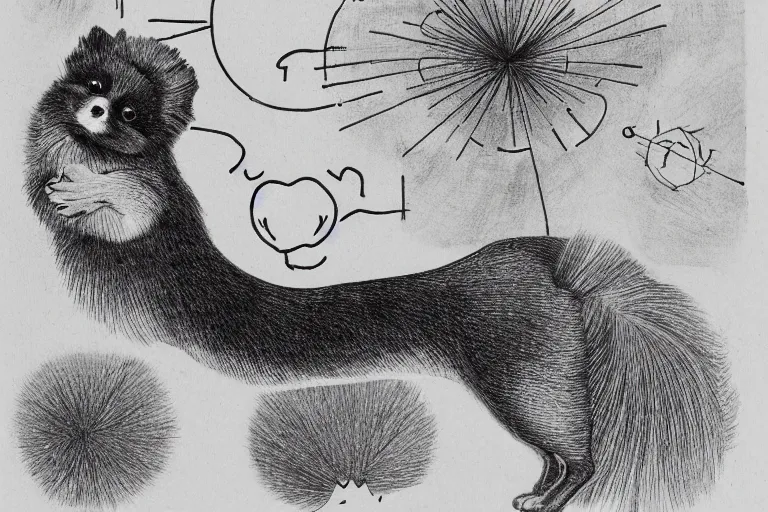 Prompt: pomeranian with a tennis ball in its mouth with math symbols flying in the air, black and white, botanical illustration, black ink on white paper, bold lines