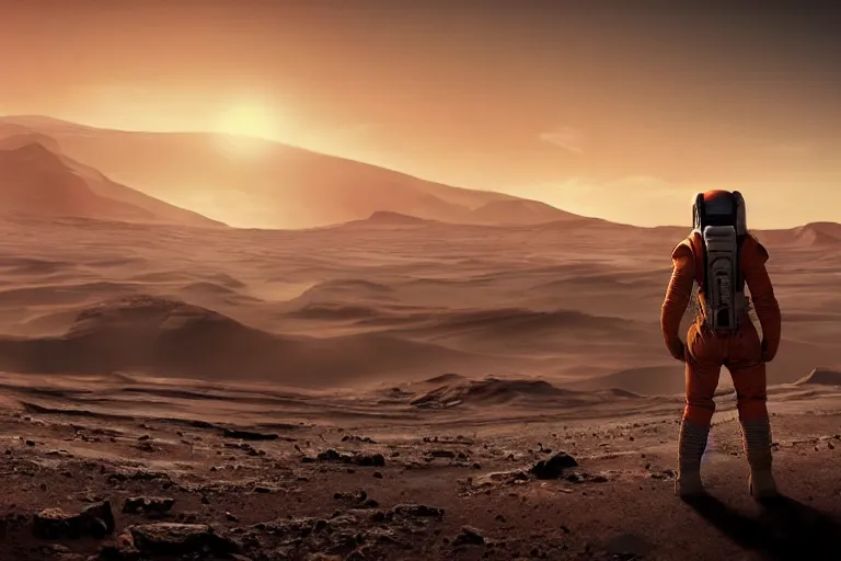 Prompt: A professional futuristic photo of Mark Watney on the plains of Mars; high-quality, dramatic lighting; extremely high detail; trending on artstation