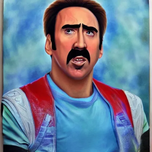 Prompt: nic cage as mario, buff, painted portrait, highly detailed,