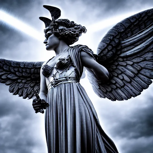 Image similar to photo of a winged valkyrie queen with light powers, highly detailed, 4 k, hdr, smooth, sharp focus, high resolution, award - winning photo