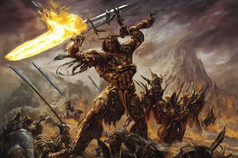 Prompt: Fresco painting featuring Conan the Barbarian in golden armor and wielding a flaming sword in battle against a green dragon breathing plasma, inspired by Warhammer 40k, ultra-detailed digital art, highly detailed, digital painting, artstation, concept art, smooth, surrounded by a grimdark fantasy background, sharp focus, illustration, art, masterpiece by greg rutkowski and fredrick runtu