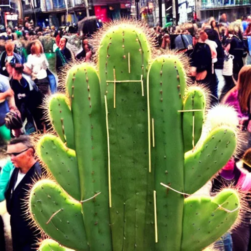 Image similar to a person made of cactus in a crowd