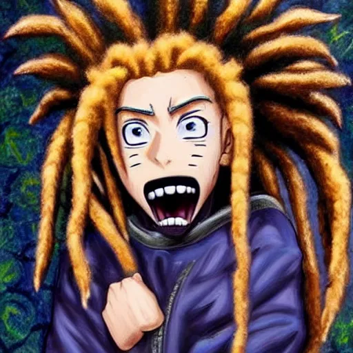 Prompt: a highly detailed painting of a boy with dreadlocks and a beard in the reality of naruto, he does a lot of mischief and dances with the other members of the animated series