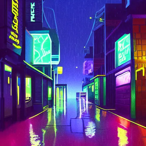 Image similar to a rainy neon-lit street in the future on an alien world