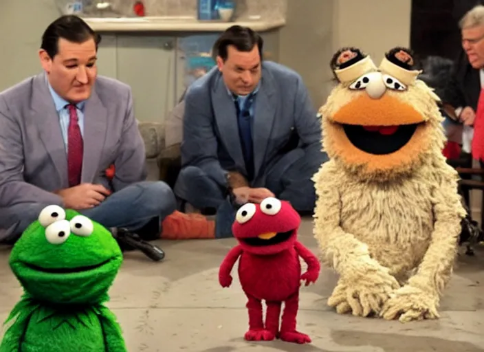 Image similar to sad ted cruz in curled up crying on the floor, on sesame street muppets laughing at him