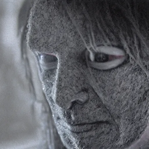 Prompt: a film still from a horror movie featuring a monster, scars on his face, made out of wool