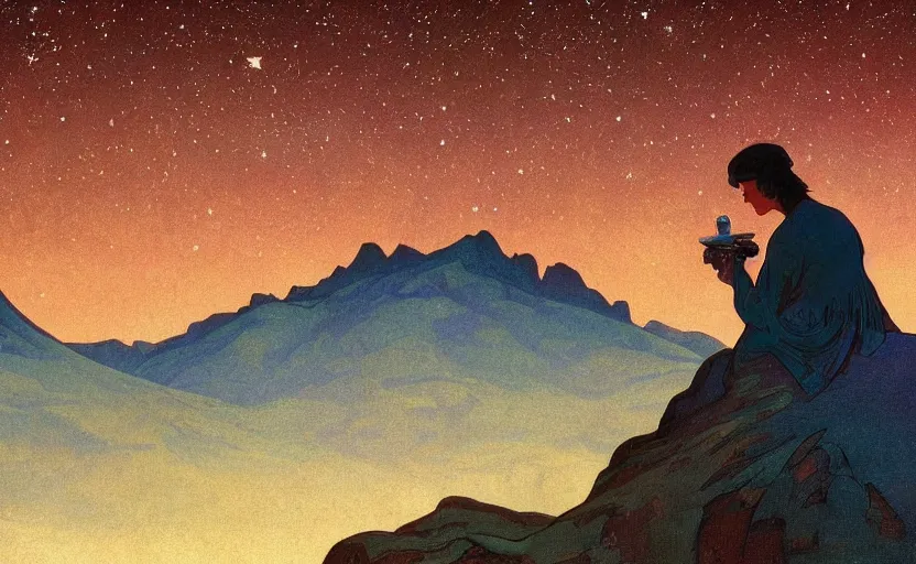 Prompt: mountains, stars and paisley filled sky, artstation, intricate, highly detailed, digital painting, concept art, sharp focus, illustration by Edward Hopper and Alphonse Mucha