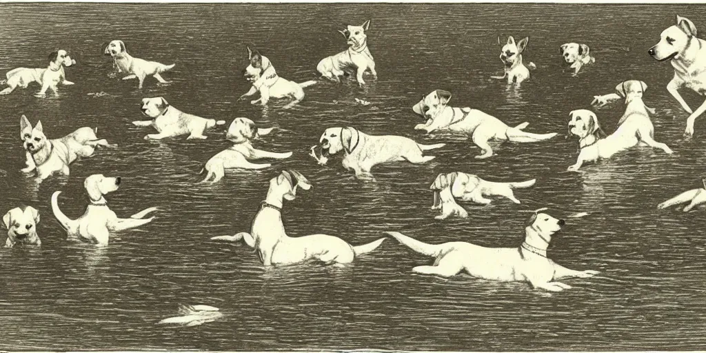 Image similar to an illustration of dogs swimming in a wide pool, vaudevillian, from 1890, detailed, vignette, high quality scan