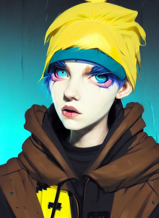 Image similar to highly detailed portrait of a sewer punk lady student, blue eyes, tartan hoody, hat, white hair by atey ghailan, by greg tocchini, by jesper ejsing, gradient yellow, black, brown and cyan color scheme, grunge aesthetic!!! ( ( graffiti tag wall ) )