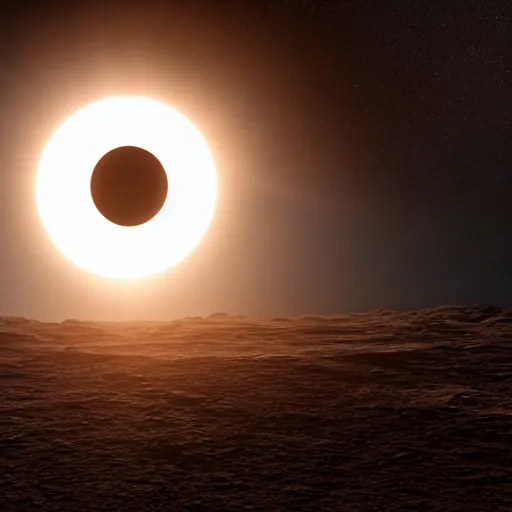 Image similar to solar eclipse from a planet surface, highly detailed, photorealistic portrait, bright studio setting, studio lighting, crisp quality and light reflections, unreal engine 5 quality render