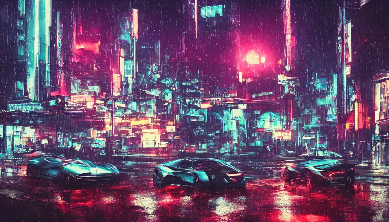 Prompt: real photo, night, rain, modern city street, a futuristic car, synthwave