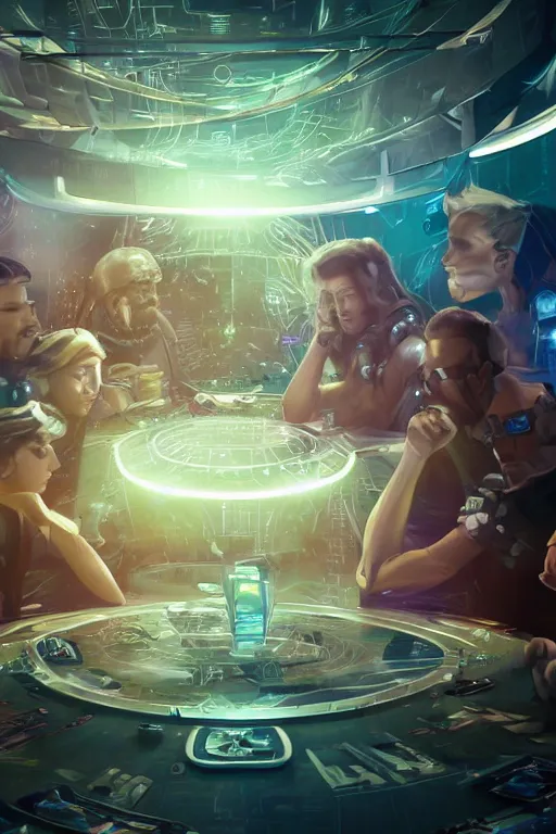 Image similar to closeup, of one futuristic sci-fi Twenty sided dice, in the background players at a table that are in still high tech suites, bokeh, sharp focus, intricate concept art, highly detailed, 8k, cinematic, sharp focus