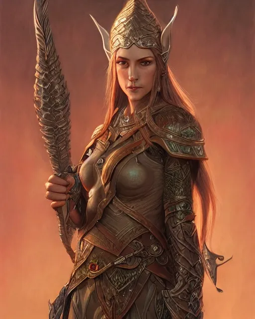 Image similar to female elven warrior portrait | highly detailed | very intricate | symmetrical | cinematic lighting | award - winning | closeup portrait | painted by donato giancola and mandy jurgens and charlie bowater | featured on artstation