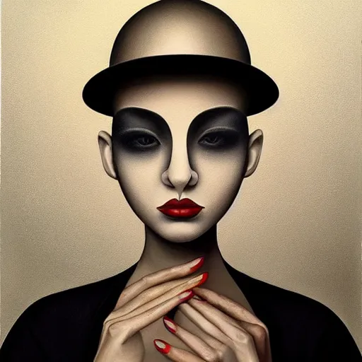 Prompt: minimalist, detailed painting, an ultrafine detailed painting by rafal olbinski, very detailed, airbrush art, pop surrealism, a painting of a woman, skeuomorphic, behance contest winner