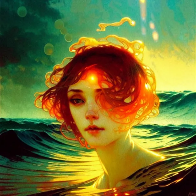 Prompt: ocean waves of glossy liquid honey drops flowing like translucent amber, lsd waves, lsd ripples, backlit, sunset, refracted lighting, art by collier, albert aublet, krenz cushart, artem demura, alphonse mucha