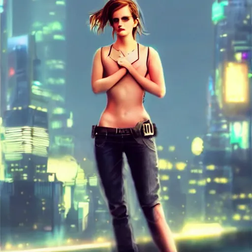 Image similar to Emma Watson full body shot, the background is a huge futuristic city, cyberpunk style futuristic neon lights, artstation cgsociety masterpiece highly-detailed