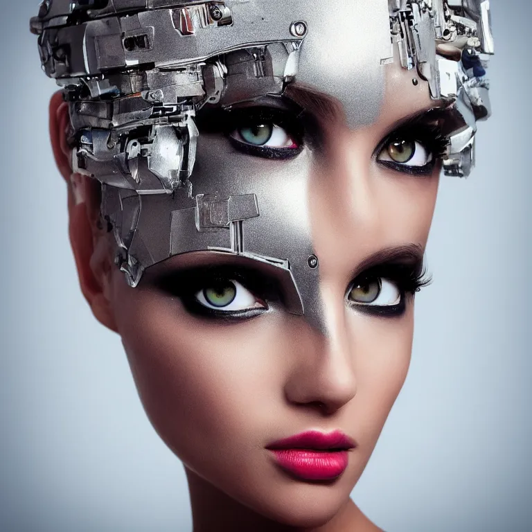 Prompt: “ a realistic photo of a cyborg beauty queen robot with a perfect face and stunning eyes looking at the the camera, fashion photography, 5 5 mm f 2. 8 canon ”