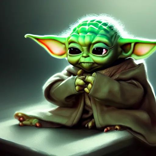 Image similar to illustration baby yoda sitting, by masamune shirow and greg rutkowski, character art, sharp focus, highly detailed, artstation