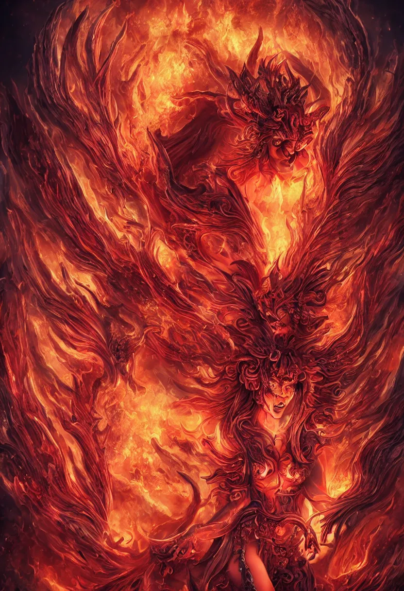 Prompt: stunning female demons surrounded in fire, korean, buddhist, Naraka otherworldly rising from the fire, crystal amber eyes , wings, very detailed face, smile, monster teeth covered in red, dark and mysterious, full body, rococo, cinematic, epic ,4K very detailed, full body, Sun God, death God, hell