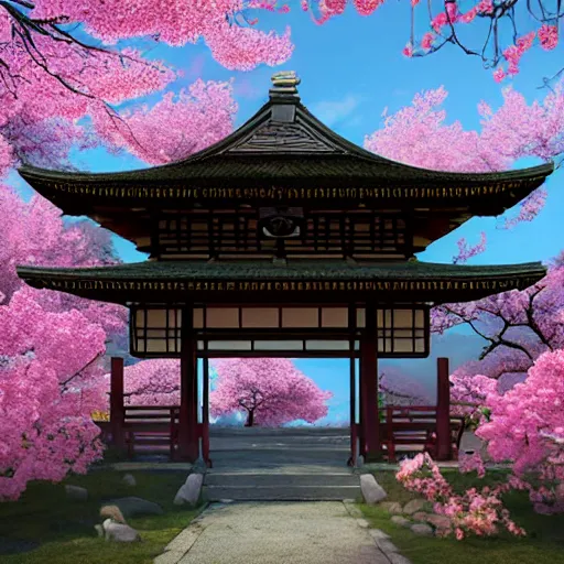 Image similar to ancient japanese temple in the infinite flowerpunk sakura tree, cinematic highly detailed artstation hyperstylized