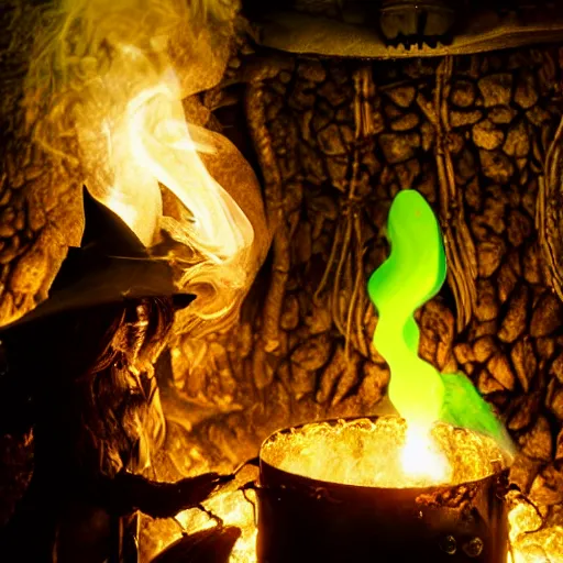 Image similar to close shot of an old fire witch brewing in her lair, detailed, witch hat, dungeon, green smoke, fire, smoke, realism, realistic, hyper detailed, green lighting, ambient lighting, smoke, haze,