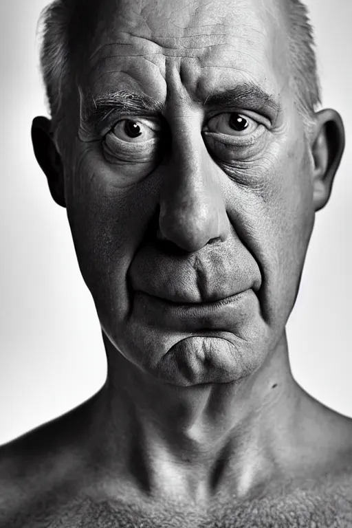 Prompt: studio portrait of man, 4 0 years, homer simpson lookalike, looks like a real life version of homer simpson, as if looking at a cartoon character, soft light, black background, fine skin details, close shot, award winning photo by annie leibovitz