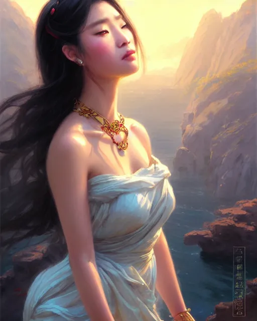 Image similar to a beautiful taiwan goddess with sundress with jewelry | | winter, realistic shaded, unpleasant face, good looking, fine details, realistic shaded lighting poster by greg rutkowski, magali villeneuve, artgerm, jeremy lipkin and michael garmash and rob rey