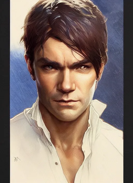 Image similar to antony starr. he is dressed as a superhero. clean elegant painting, beautiful detailed face. by artgerm and greg rutkowski and alphonse mucha