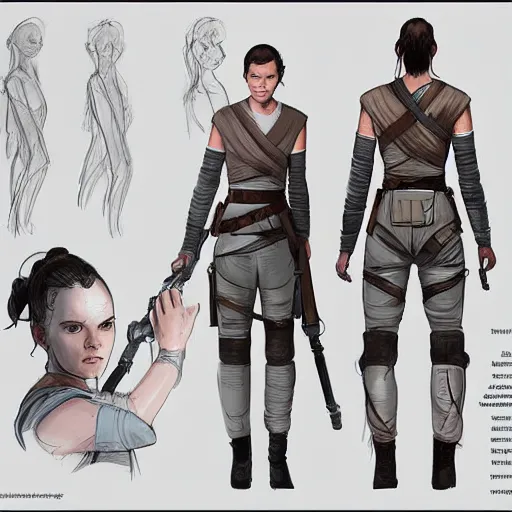 Image similar to ryan church concept art sketch star wars rey character reference sheet