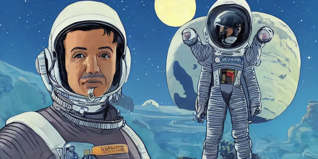 Image similar to a portrait of stallone pilot in spacesuit on roof over field forrest spaceship station landing laying lake artillery outer worlds in FANTASTIC PLANET La planète sauvage animation by René Laloux