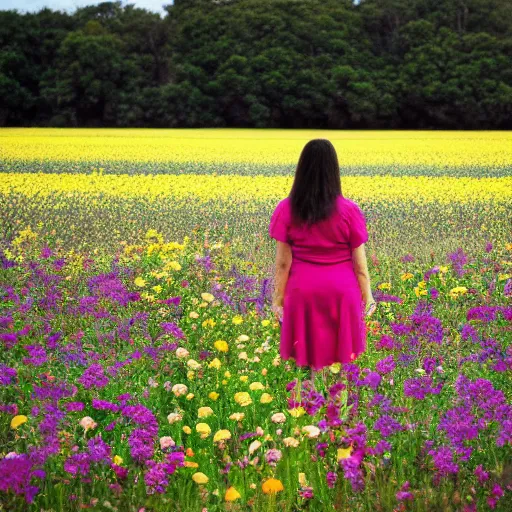 Image similar to woman standing in a flower field, head of flowers