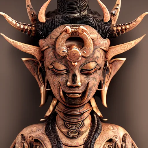 Image similar to naraka buddhist demon korean female, highly detailed, symmetrical long head, smooth marble surfaces, detailed ink illustration, raiden metal gear, cinematic smooth stone, deep aesthetic, concept art, post process, 4 k, carved marble texture and silk cloth, latex skin, highly ornate intricate details, in the style of 8 8 grzes