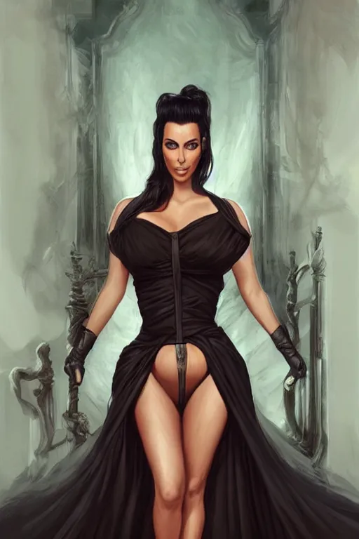 Prompt: Kim Kardashian as a heroine with a dress inspired by american horror story, digital painting, artstation, concept art, smooth, sharp focus, illustration, in-frame, centered, art by artgerm and donato giancola and Joseph Christian Leyendecker, Ross Tran, WLOP