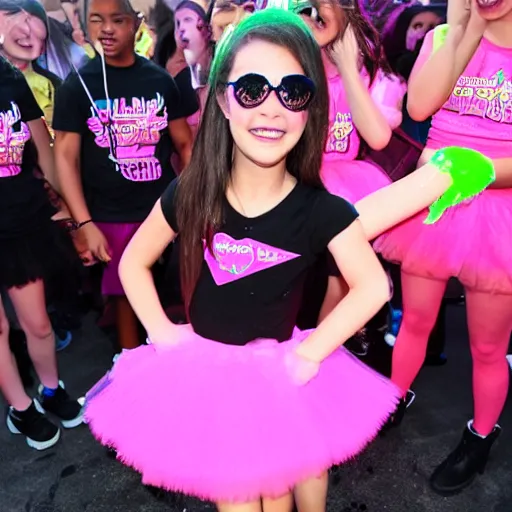 Image similar to Tiffany Day getting Nickelodeon slimed at Nickfest in a pink tutu and black boots