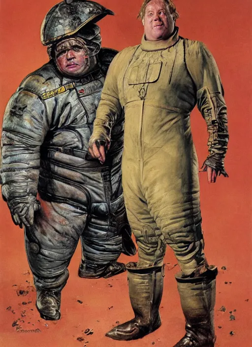 Image similar to full body and head portrait of javier bardem as baron vladimir harkonnen in dune 1982 wearing tattered stained a leather space suit, by norman rockwell and jason fabok and tom lovell and frank schoonover and dean cornwell