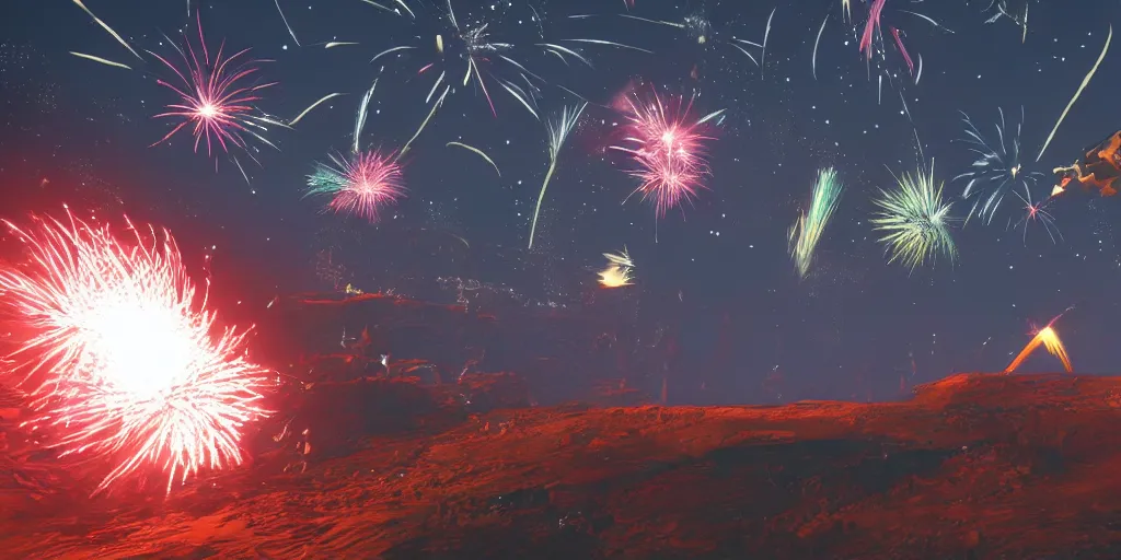 Image similar to shooting fireworks, no mans sky concept art, flying snakes