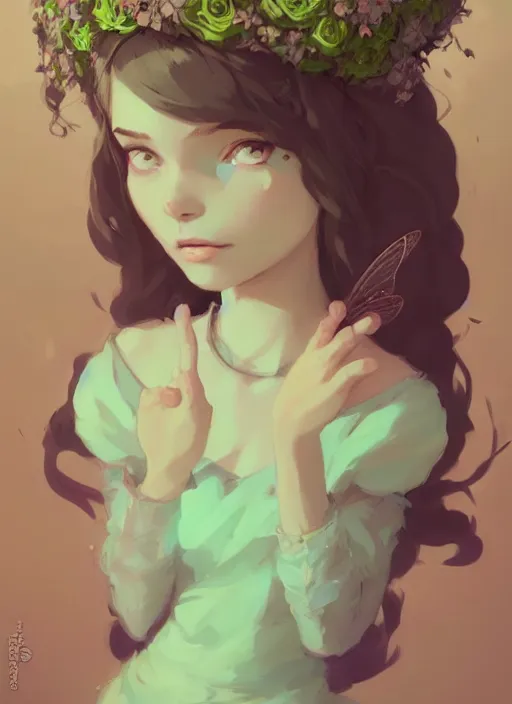 Prompt: portrait of cute fairy girl with crown of flowers fantasy, by atey ghailan, by greg rutkowski, by greg tocchini, by james gilleard, by joe gb fenton, by kaethe butcher, dynamic lighting, gradient light green, brown, blonde cream and white color in scheme, grunge aesthetic