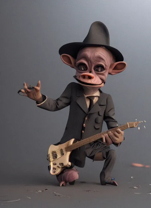 Prompt: a cute sharply dressed goblin playing the blues on an old guitar, in the style of boris valejo and hubert sumlin, fantastic, dramatic lighting, smoke, mist, forest, hyperrealistic, detailed, octane render