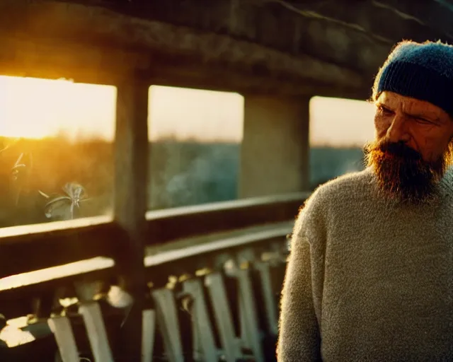 Image similar to lomographic tarkovsky film still of 4 0 years russian man with beard and sweater standing on small hrushevka 9 th floor balcony full with cigarette smoke in winter taiga looking at sunset, cinestill, bokeh