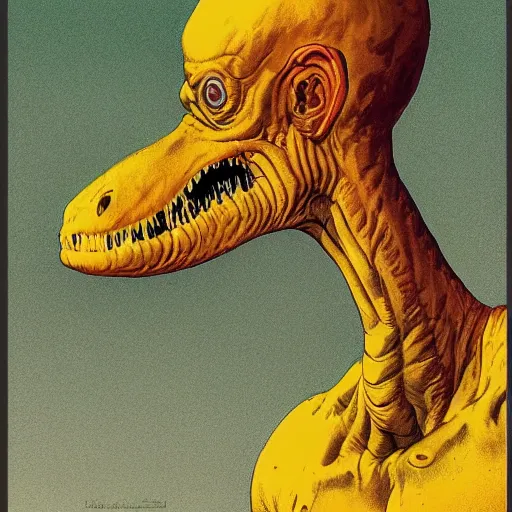 Image similar to lemon - headed dinosaur man happy, ultra detailed, style of norman rockwell, style of richard corben, 4 k, rule of thirds.