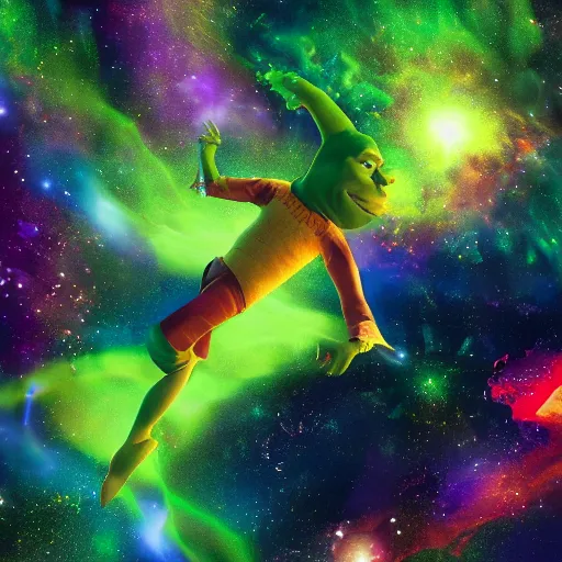 Prompt: shrek doing ballet, clouds, nebulae, starburst, neon colors, dreamy, phone wallpaper, 4 k, unreal engine, artstation, colorful, beautiful