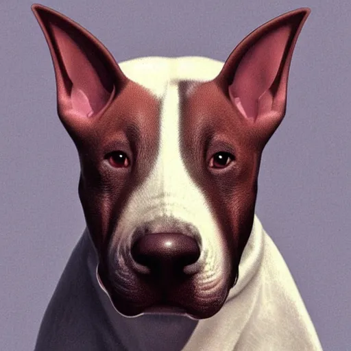 Image similar to Bull Terrier, Dog, Portrait, Male, very detailed, artstation, digital art, complex, award winning, masterpiece, realism